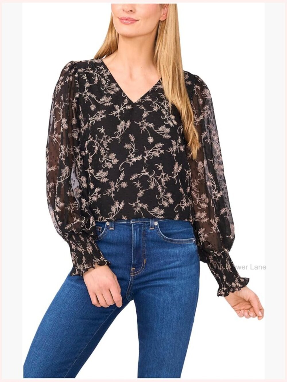 Long Sleeve Smocked Cuff Clip Dot Blouse